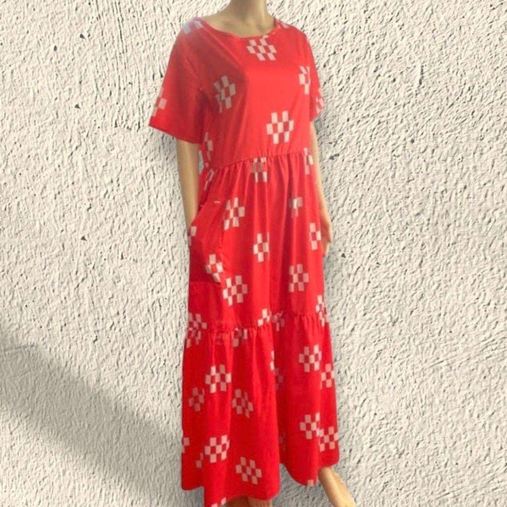 MISSLOOK Cottage Dopamine Geometric Print Tiered Maxi Dress in Burnt Orange 2XL
